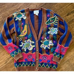 Vtg Ninon de Lenclos Embroidered Folk Art Cardigan Bird Floral Women's S Fits ML